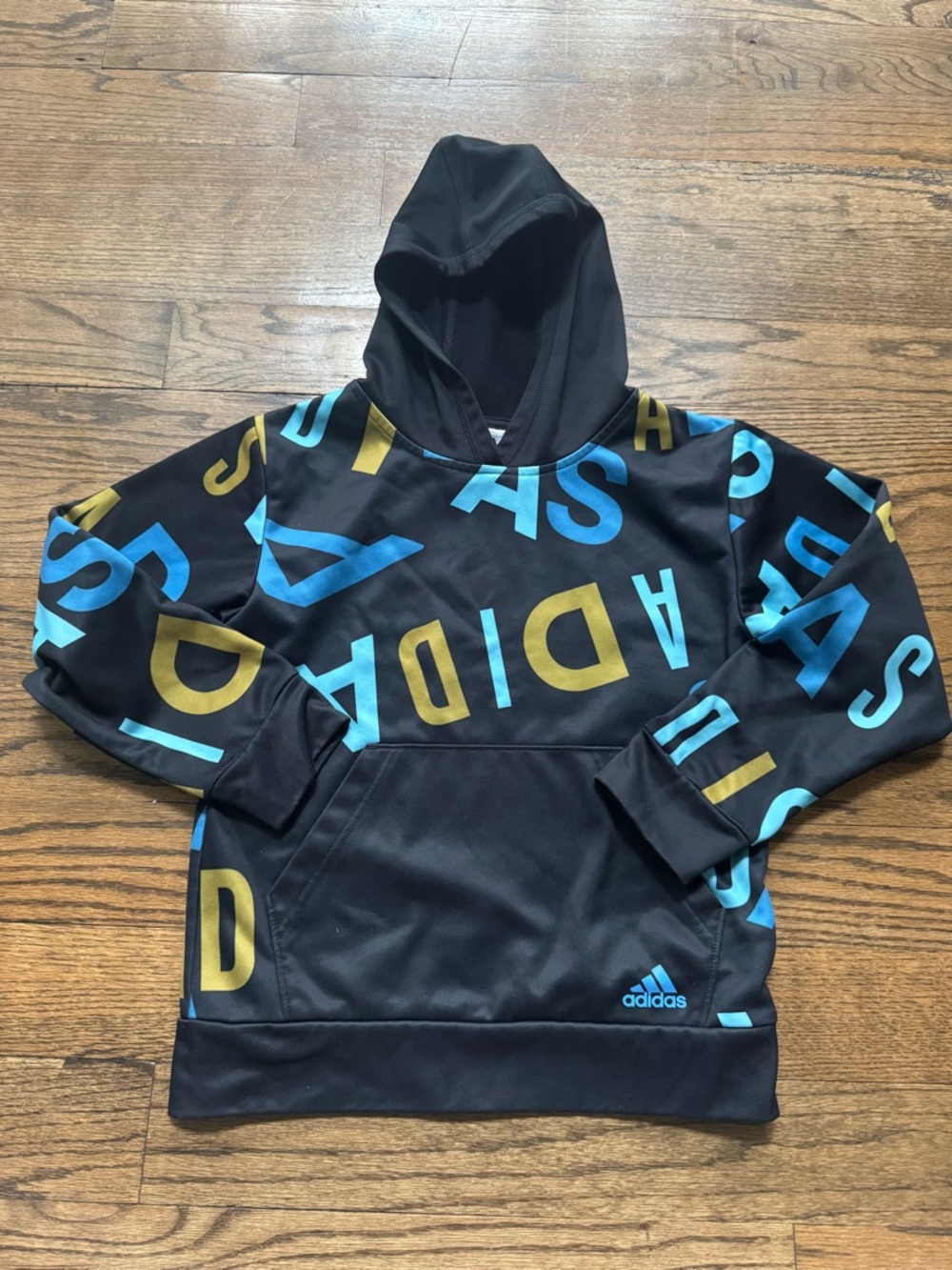 Adidas Graphic Hoodie Black Blue Yellow Logo Print Pullover Size 8